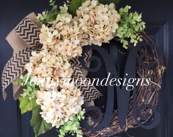 Wreath - Everyday Wreath - Cream Hydrangea Burlap Chevron Wreath - Monogrammed Wreath - Housewarming Gift - Wreaths - Gift - Spring Wreath