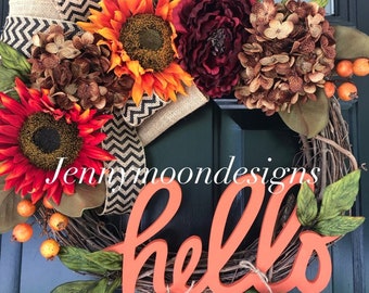 BEST SELLER -Fall Wreath - Wreath -Sunflower Hydrangea Pumpkin Chevron Wreath -Seasonal Wreath -Home Decor - Fall Decor - Gifts