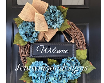 Spring Wreath-Wreath -Welcome Wreath -Blue Hydrangea Wreath -Mothers Day Gift -Wreaths Housewarming Gift- Gifts Ideas