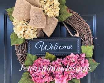 Wreath- Spring Wreath - Mother's Day Gift -Wreaths -Everyday Wreath - Housewarming Gift -Hydrangea Welcome Wreath -Gifts For Her