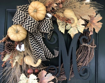 LIMITED QUANTITY - Fall Wreath -Wreath -Wreaths -Thanksgiving Wreath-Pumpkin Chevron Monogrammed Wreath -Fall Decor -Wreaths -  Gifts