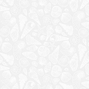 May include: A seamless pattern featuring a variety of white seashell illustrations on a light gray background. The design includes detailed drawings of different shell shapes, creating a textured and oceanic theme.