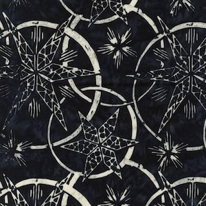 May include: Black and white fabric with a repeating pattern of stars and circles. The stars are outlined in white and have a textured, almost woven, appearance. The circles are also outlined in white and have a more solid appearance.