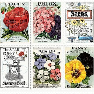 May include: A collage of vintage seed packets featuring illustrations of various flowers, including poppies, phlox, periwinkle, and pansies. The packets are labeled with the flower names and include information about the seeds, such as the type of flower, the color, and the quantity. The packets are also decorated with vintage-style illustrations and text.