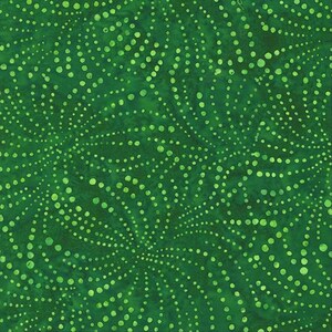 May include: Green fabric with a pattern of light green dots arranged in swirling lines. The fabric has a mottled appearance, with variations in the green color. The dots vary in size, creating a textured effect. This fabric is suitable for quilting, sewing, or other craft projects.