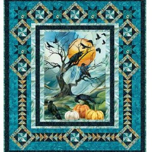 May include: A square quilt with a central image of a tree with crows in front of a full moon and pumpkins. The quilt has a teal border with geometric patterns and a teal and white patterned frame around the central image.