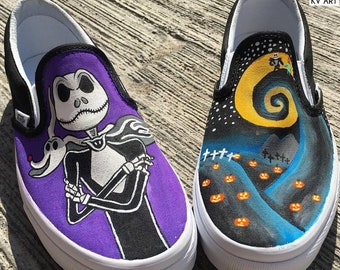 Jack Skellington custom painted vans, jack and sally, custom vans slip on, painted vans, hand painted vans, custom vans shoes, vans custom