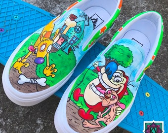 Catdog, Ren & Stimpy custom Vans 90s nickelodeon, Rugrats Vans slip on, custom painted vans, catdog, invader zim, hey arnold, reptar, rocket