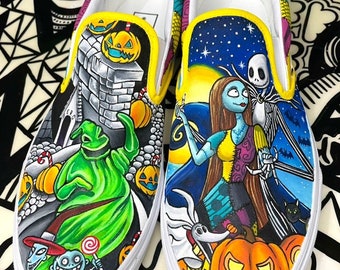 Jack Skellington custom painted vans, jack and sally, custom vans slip on, painted vans, hand painted vans, custom vans shoes, vans custom