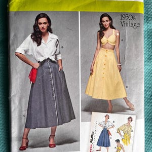May include: Simplicity sewing pattern 1166 H5, featuring vintage 1950s designs. The pattern includes instructions for a button-down skirt and a two-piece outfit. The package displays images of the finished garments and size information.
