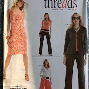 May include: A sewing pattern for three different outfits. The first outfit is a sleeveless dress with a floral print. The second outfit is a short-sleeved top with a twist detail and pants. The third outfit is a long-sleeved top with a V-neck and pants. The pattern is from Simplicity Threads Magazine Collection.