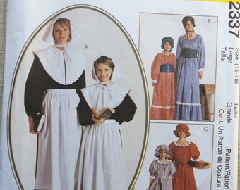 Misses' Pionier- oder Pilgerkostüm aus Kleid und Schürze, groß (16–18), 90er-Jahre-McCalls-Schnittmuster 2337, ungeschnitten/FF, historische Nachstellung