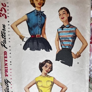 May include: Vintage Simplicity pattern 1388 for a one-yard blouse. The illustration shows three blouse designs: a blue sleeveless blouse with a bow, a striped top, and a yellow top. The pattern includes size 12 and bust 30 measurements. The text "SIMPLE TO MAKE" is also visible.