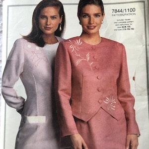 May include: A sewing pattern for a two-piece suit with a jacket and skirt. The pattern is for sizes 6-8-10 and 12-14-16. The pattern is from Viking Vogue Patterns and the pattern number is 7844/1100.