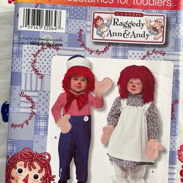 Disfraz de Raggedy Ann y Andy para niños pequeños, tamaño 1/2 a 2 Patrón de costura completo sin cortar/FF Simplicity 2784