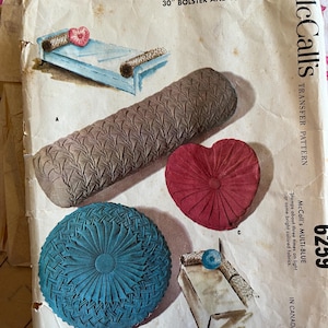 Three Decorative Smocked Pillows Incl. Round, Bolster and Heart Shaped Complete 60s Vintage McCall's Sewing Pattern 6259 Home Decor