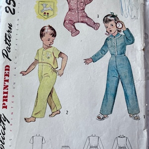 May include: Vintage Simplicity pattern 3377, size 2, featuring illustrations of children's sleepwear. The pattern includes designs for a pink jumpsuit, a yellow two-piece set, and a blue jumpsuit. The price is 25 cents.