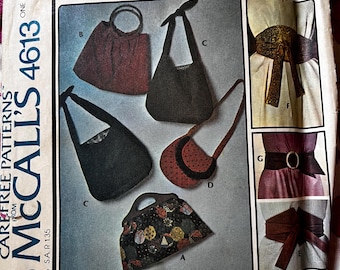 Accessories for All Seasons Inc. Lined Bags and Belts Vintage 1970s McCall&#39;s Sewing Pattern 4613 One Size Complete Mostly Uncut