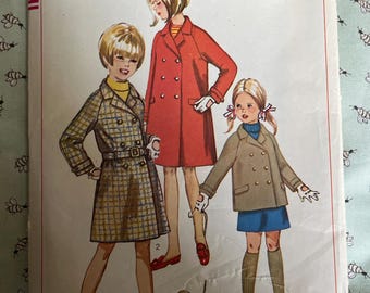 Zweireiher Mantel oder Jacke für Mädchen Schnittmuster Größe 10 Vintage 60s Einfachheit 7259 Komplett Ungeschnitten