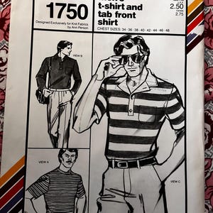 Men&#39;s T-Shirt and Tab Front Shirt Sewing Pattern Sizes 34 to 48&quot; Complete Uncut/FF Vintage 70s Stretch & Sew 1750