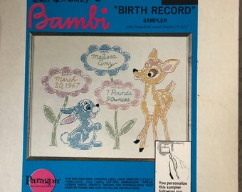 Bambi Birth Record Sampler with Frame Vintage Cross Stitch Kit with Box Number 0235F Paragon