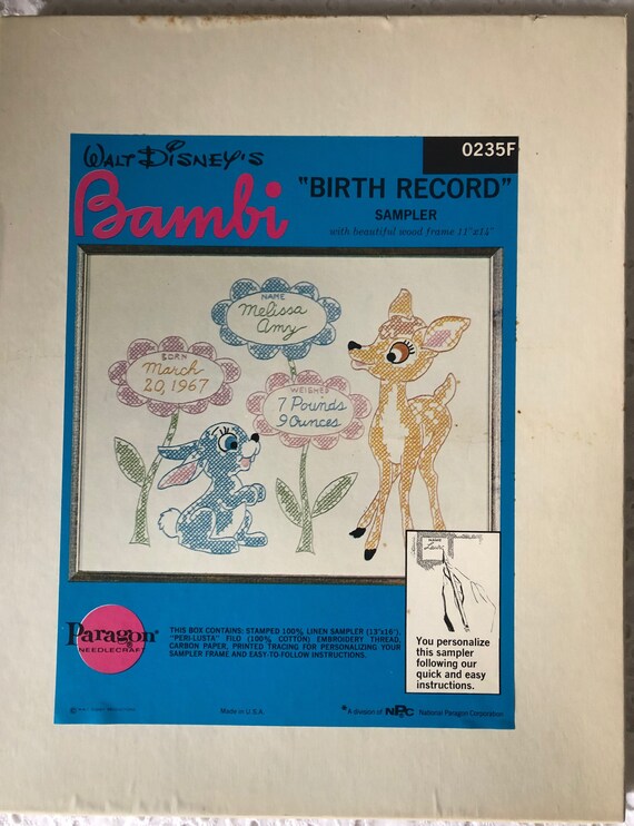 Bambi Birth Record Sampler With Frame Vintage Cross Stitch Kit
