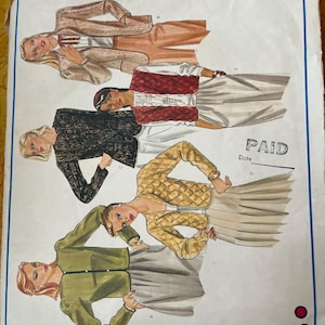May include: A Vogue's Basic Design sewing pattern envelope featuring illustrations of four different jacket and skirt outfits. The designs include a tan blazer, a red textured jacket, a black patterned jacket, and a green button-up jacket with skirts.