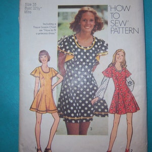 Misses&#39; Princess Mini-Dress, Short Butterfly Sleeves, Size 10, Missing 1 Piece Vintage 1970s Simplicity Sewing Pattern 5466