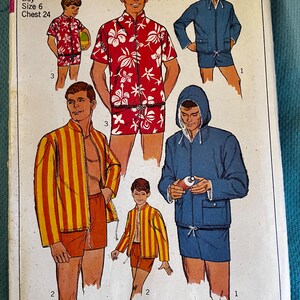 May include: Vintage Simplicity sewing pattern 7146. The pattern features illustrations of men's and boy's outfits, including a red floral shirt and shorts set, a blue hooded jacket and shorts, and a yellow and orange striped jacket and shorts. The pattern is for a boy size 6, chest 24.