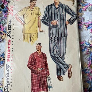 May include: A vintage Simplicity sewing pattern envelope 4108 for sleepwear. The cover features illustrations of three styles: a yellow short-sleeve pajama set, a blue and white striped long-sleeve pajama set, and a red and white checkered nightshirt.