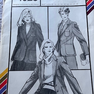 May include: A vintage sewing pattern for a blazer, featuring three different styles. The pattern is for sizes 28 to 44 and is designed by Ann Person. The pattern number is 1028. The suggested retail price is $4.00 USD and $4.80 CAD.