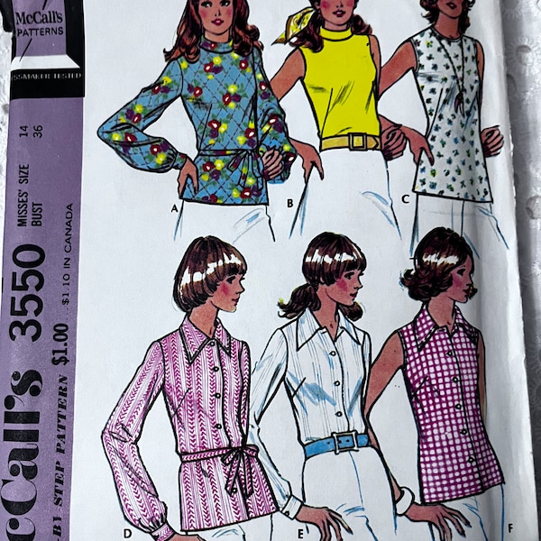 Set of Blouses in Size 14 Bust 36” Vintage 70s McCall’s Sewing Pattern 3550 Complete Mostly Uncut