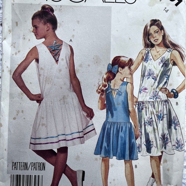 Child’s Dropped Waist Dress with Back V Neckline, Size 14 Complete Uncut/FF Vintage 80s McCall’s Sewing Pattern 3091