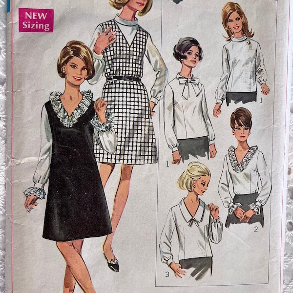 V Neck Jumper and Blouse with Neckline Variations, Size 16-1/2 Complete Mostly Uncut Vintage 60s Simplicity Sewing Pattern 7767