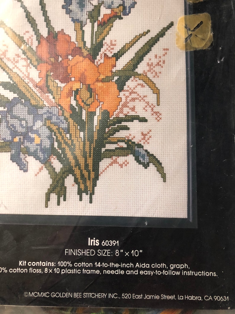 Vintage 90s Golden Bee Counted Cross Stitch Kit Iris Number 60391 Never Opened Floral Decor Frame Included Finished Size 8 by 10 Inches