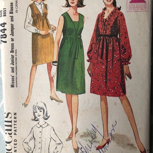 High Waisted V-neck Dress, Jumper, and Blouse, Size 11 Complete Uncut/FF Vintage 60s McCall's Sewing Pattern 7844