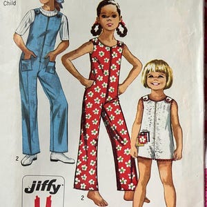 70s Girl’s Jiffy Collarless  & Sleeveless Jumpsuit, Detachable Bib Sewing Pattern Size 6 Vintage Simplicity 8768