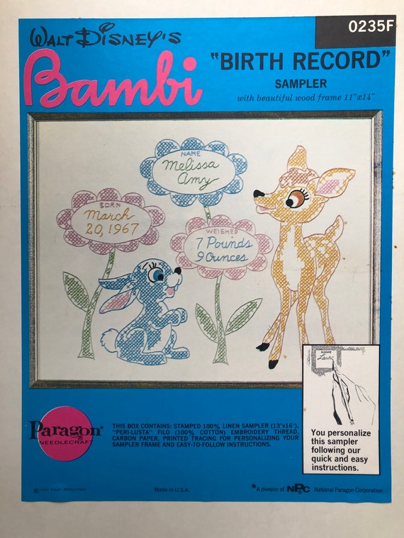 Bambi Birth Record Sampler With Frame Vintage Cross Stitch Kit