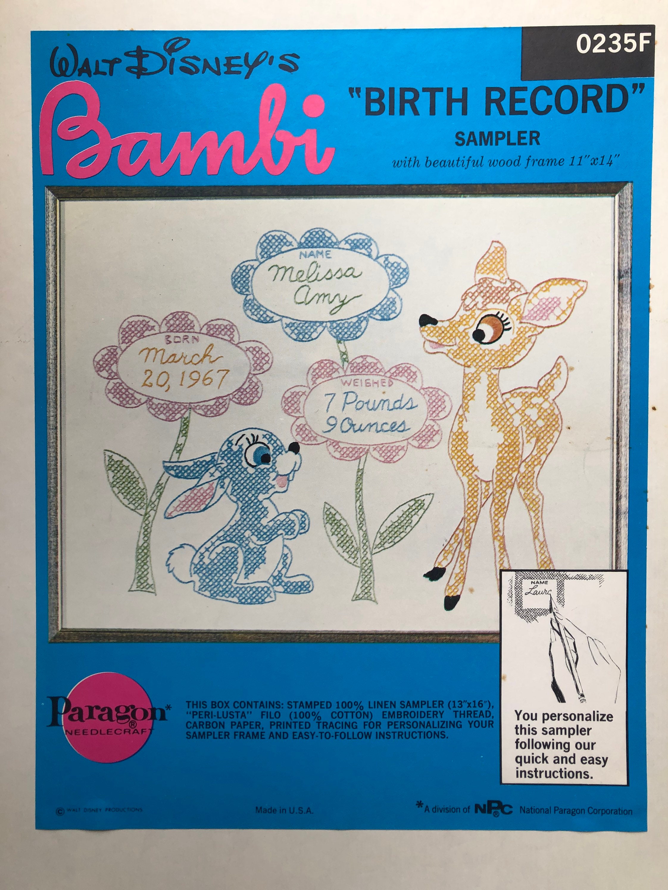 Bambi Birth Record Sampler With Frame Vintage Cross Stitch Kit