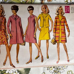 May include: Vintage Simplicity sewing pattern featuring five women's fashion designs. The designs include dresses and suits in various colors, including pink, yellow, and a striped coat. The pattern is labeled "7482" and includes sizing information.