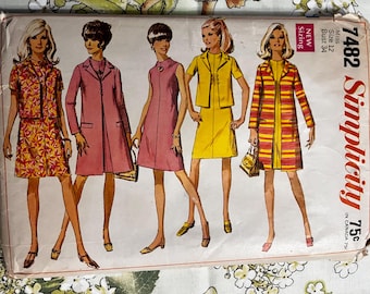 Patrón de costura para abrigo, chaqueta y vestido estilo años 60, talla 12, vintage, Simplicity 7482. Completo, casi sin cortar.