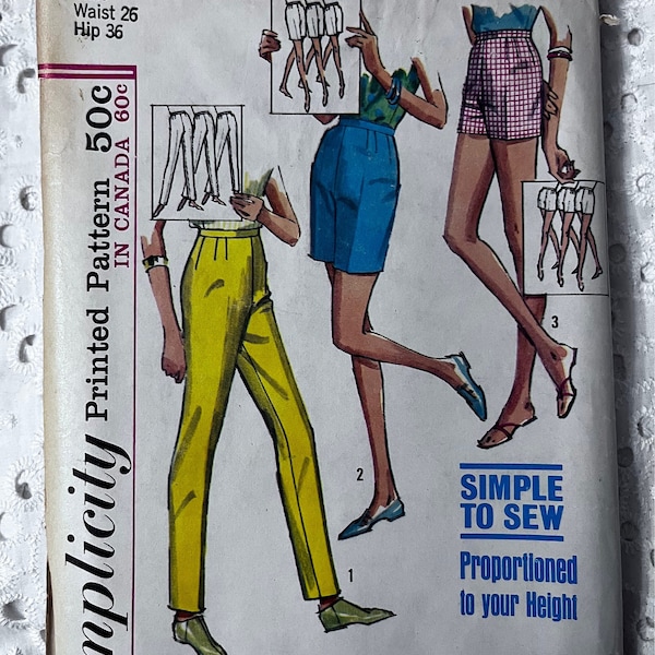 Jamaica or Regular Shorts and Slacks in Proportioned Sizes in Waist 26" Hip 36" Complete 60s Vintage Simplicity Sewing Pattern 5973