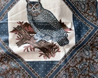 Cranston Print Works VIP Screen Print White Background Paisley Print Owl Pillow Shades of Blue and Brown