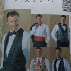 May include: A McCall's sewing pattern envelope featuring five variations of formal vests and cummerbunds. The images display white dress shirts paired with black, patterned, or floral vests, a red cummerbund, and bow ties or neckties in various colors.