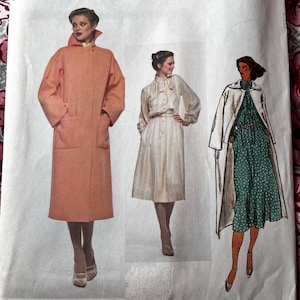 May include: Vogue Paris Original sewing pattern featuring Christian Dior designs. The pattern includes illustrations of three different outfits: a long peach coat, a button-down dress, and a green polka dot dress with a white coat. The pattern number is 1837.