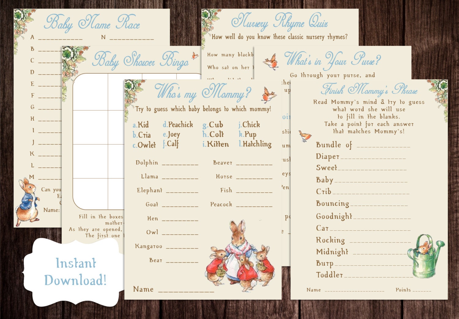 Printable Peter Rabbit Baby Shower Game Package Beatrix