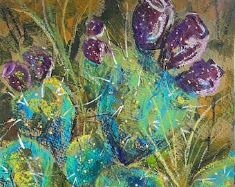 Pintura de cactus Arte de tuna Pastel al óleo de cactus Arte de flores de cactus Dibujo de frutas de cactus Arte original de cactus