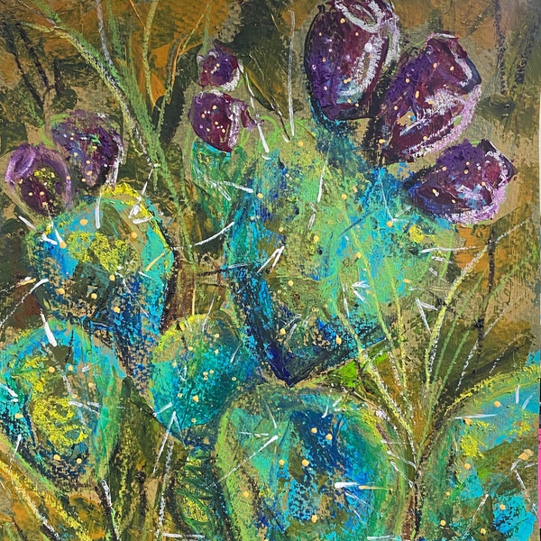 Cactus painting Prickly Pear art cactus oil pastel cactus flower art cactus fruits drawing cactus original art