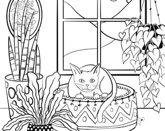 Coloring page Printable - digital coloring page - adult coloring book - cat plants page