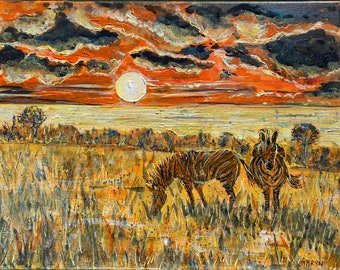 African Zebras at Sunset painting zebra art sunset sky painting African wildlife art - acrylic painting on canvas